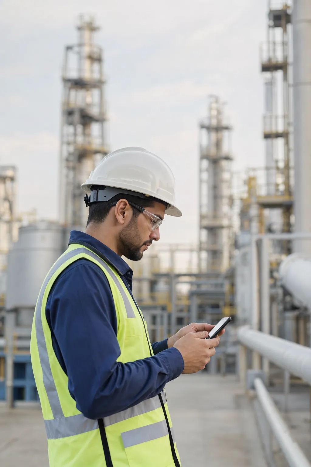 Field worker in a hard hat and safety vest checking a smartphone in an operational area of an industrial plant