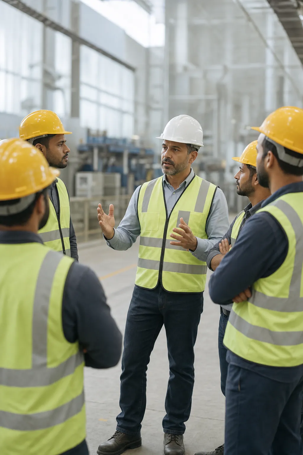 Operadores industriais com capacete e colete reunidos no piso de fábrica para o diálogo diário de segurança, supervisor falando ao grupo