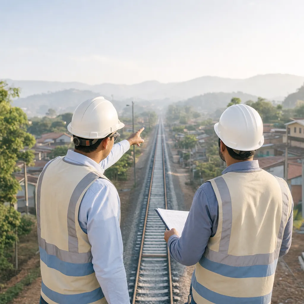 Engenheiros de capacete observam trilhos de ferrovia em construção que avançam pelo território ao amanhecer