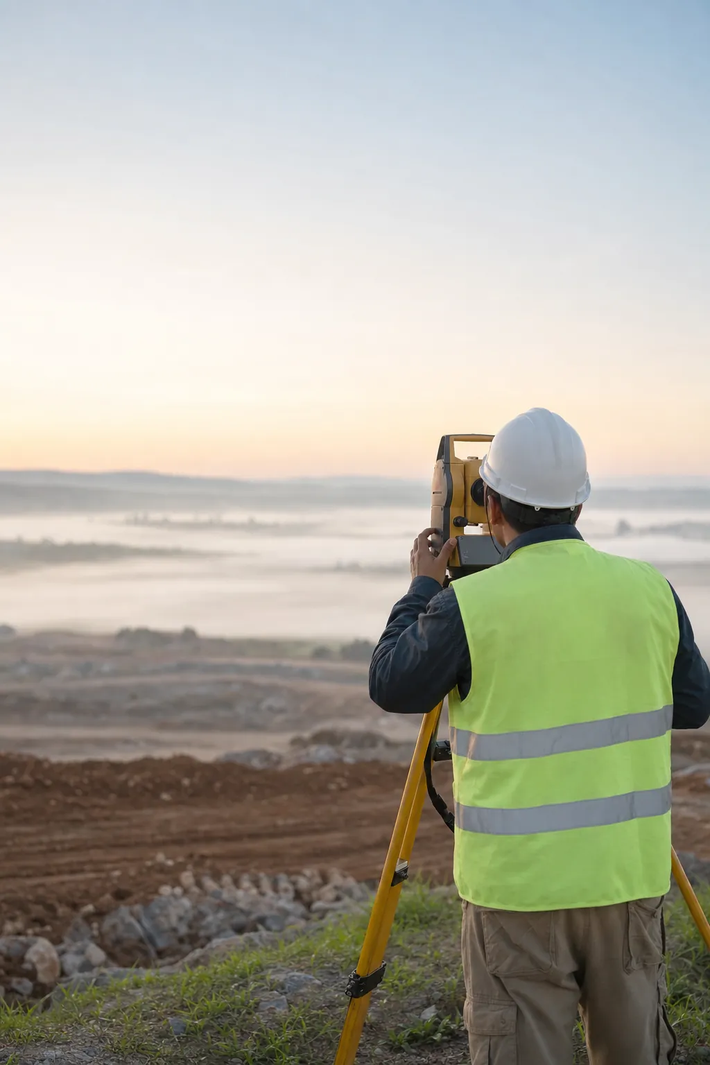 Surveyor wearing a hard hat and safety vest operating a total station on a tripod in an open field at dawn