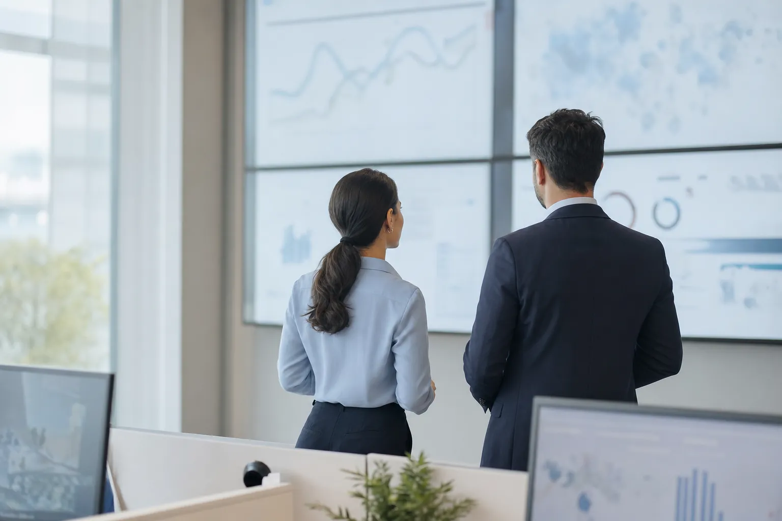 Bright corporate monitoring room with large screens displaying data visualizations and two people talking in front of them