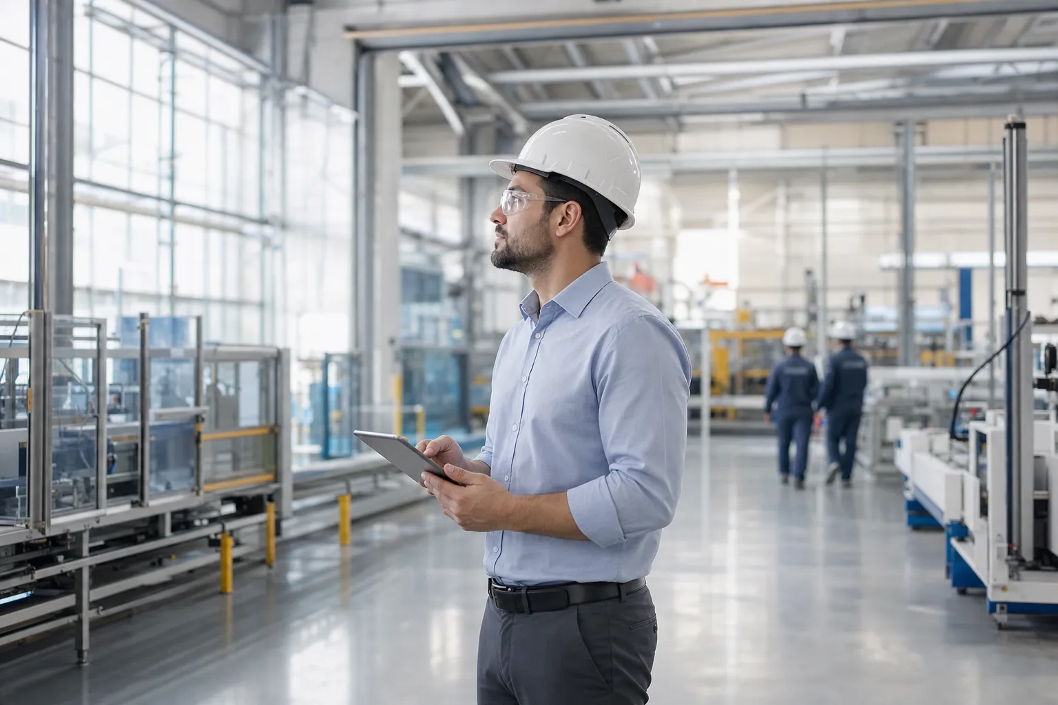 Interior of a modern industrial plant with metal structures and diffuse natural light entering through skylights