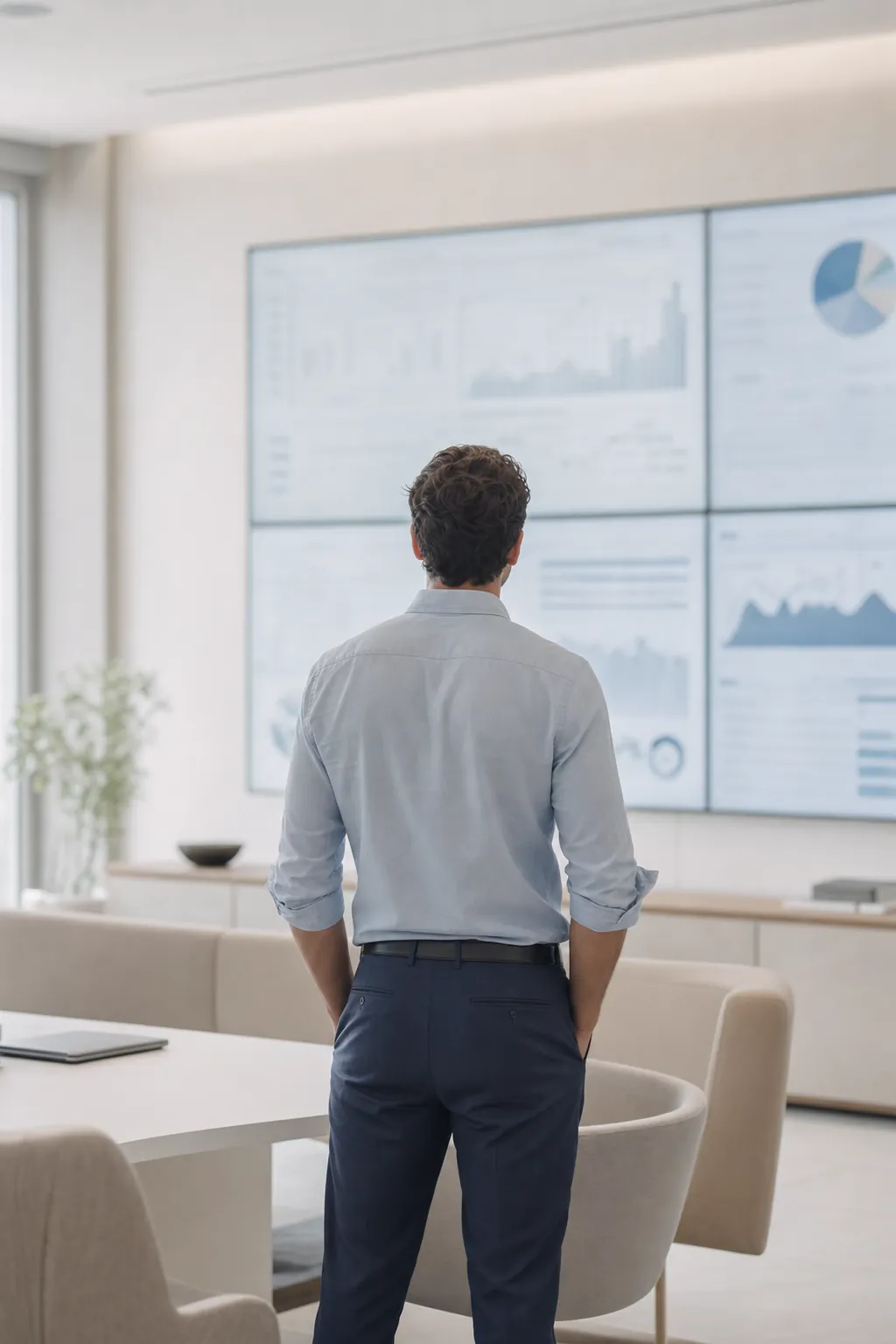 Sala de monitoramento corporativa clara com grandes telas exibindo visualizações de dados suaves e profissional de costas observando com calma