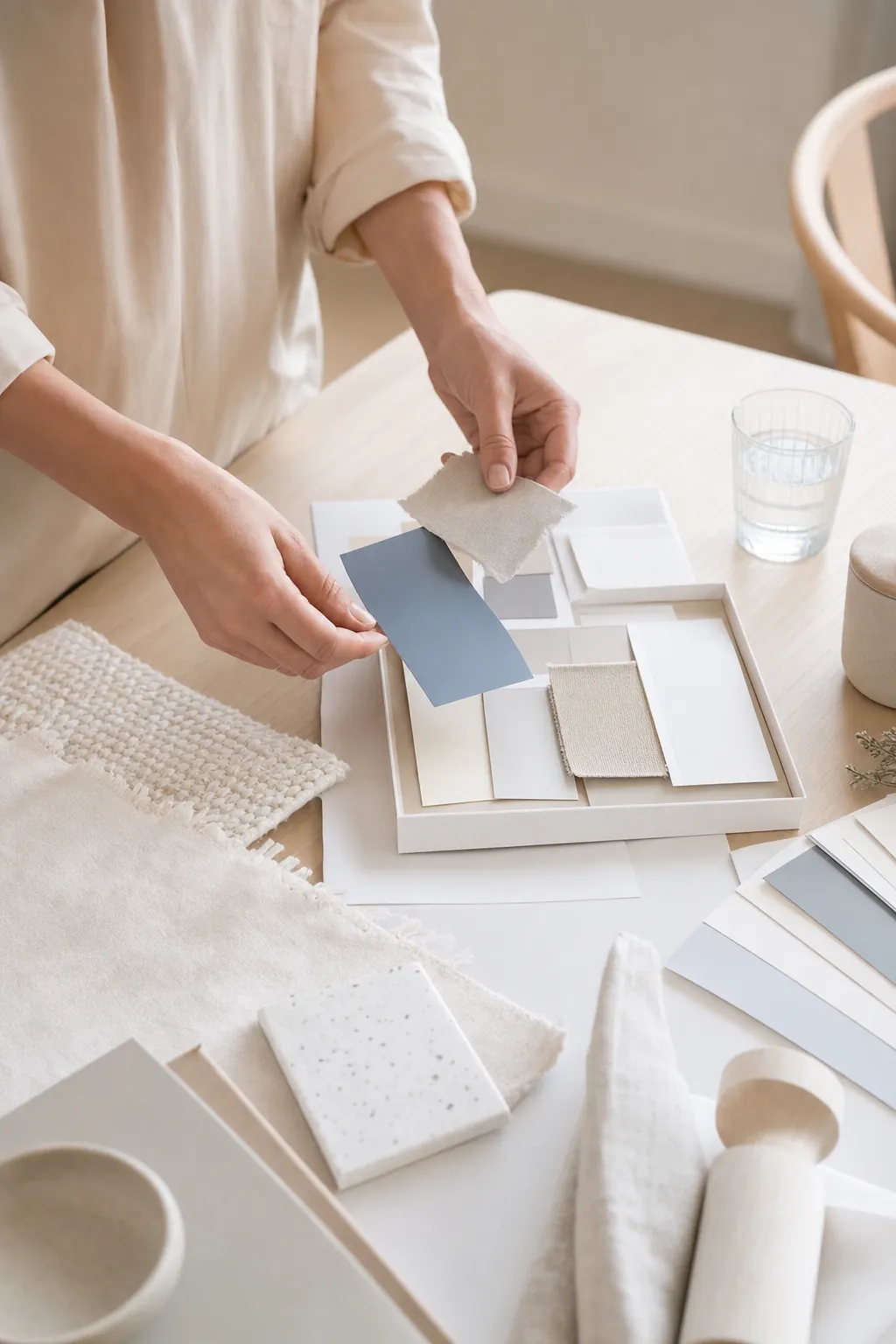 Mesa de trabalho de design vista de cima, com mãos organizando papelaria minimalista e amostras de cor em neutros quentes e azul sereno