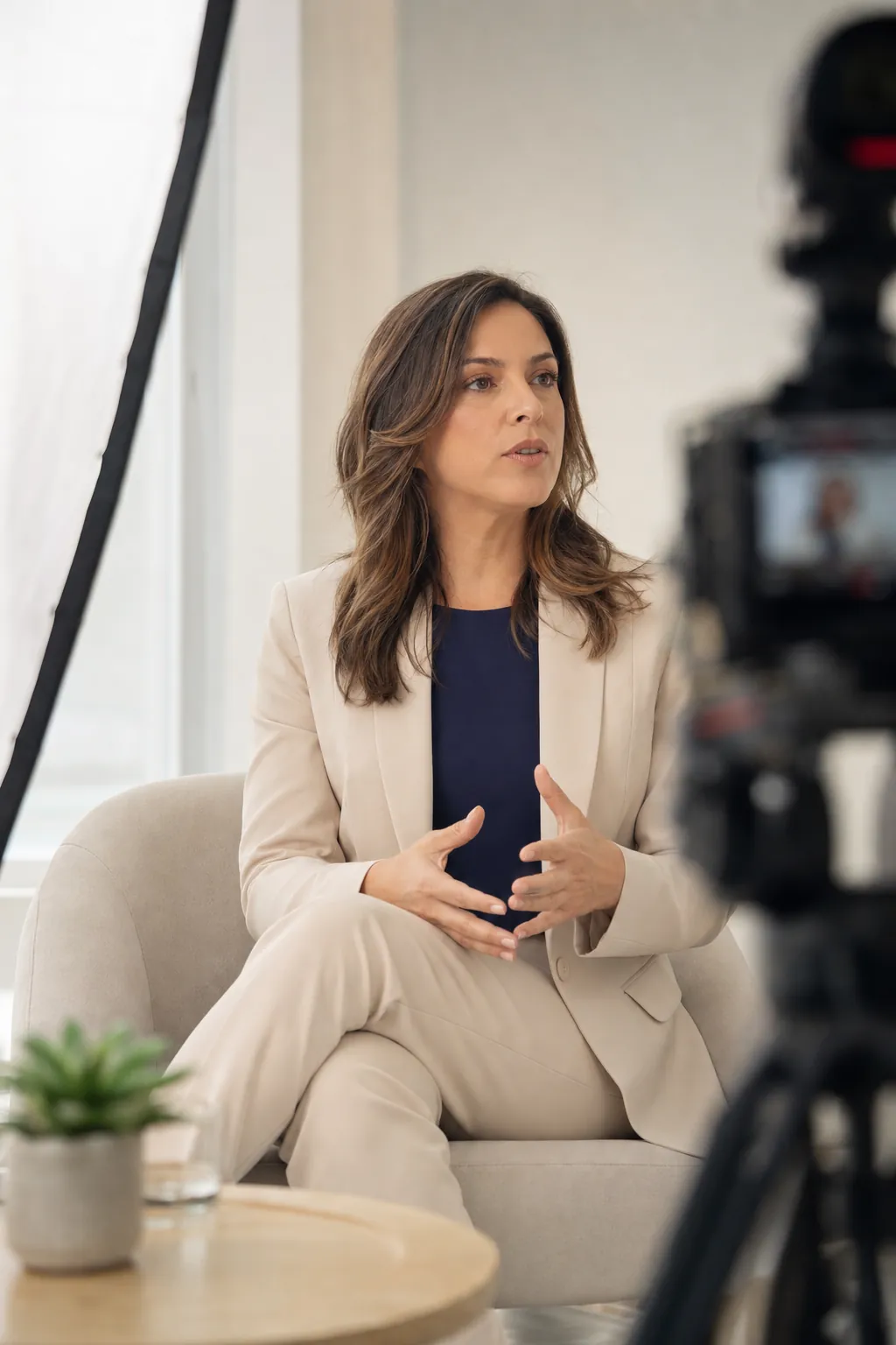 Executiva confiante sendo entrevistada em estúdio de gravação corporativo claro e minimalista, com câmera profissional desfocada em primeiro plano